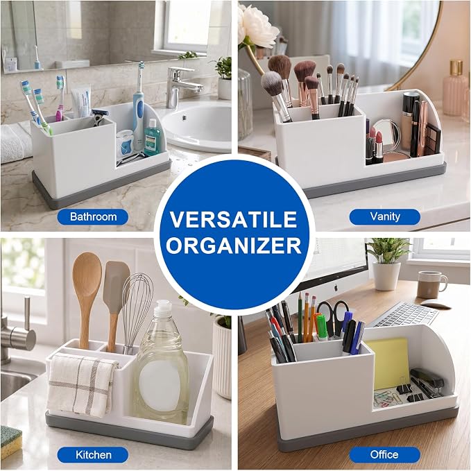 Bathroom Toothbrush Holders, 4 Slots Silicone Counter Organizer Storage with White-Grey, Detachable Anti-Slip Vanity Organizer for Electric Toothbrush, Toothpaste & Phone