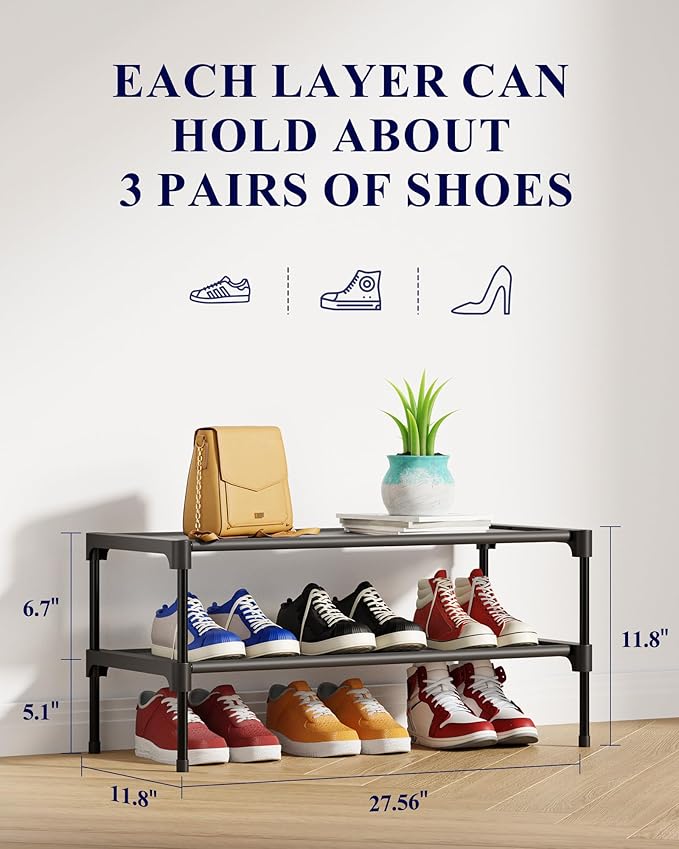 Kitsure Shoe Rack - Non-Woven Shoe Rack Shelf, Shoe Organizer for Closet, Entryway, Garage & Corridor, Stackable Shoe Shelves, 27.5" Wide - 2 Tier, Black