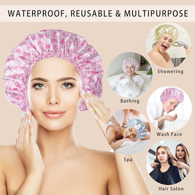 Shower Caps for Women, 4 PCS Elastic and Reusable Bath Caps, Double Layers Shower Cap Reusable Waterproof, Bathing Shower Caps, Environmental Bath Hair Protection Cap - Bow