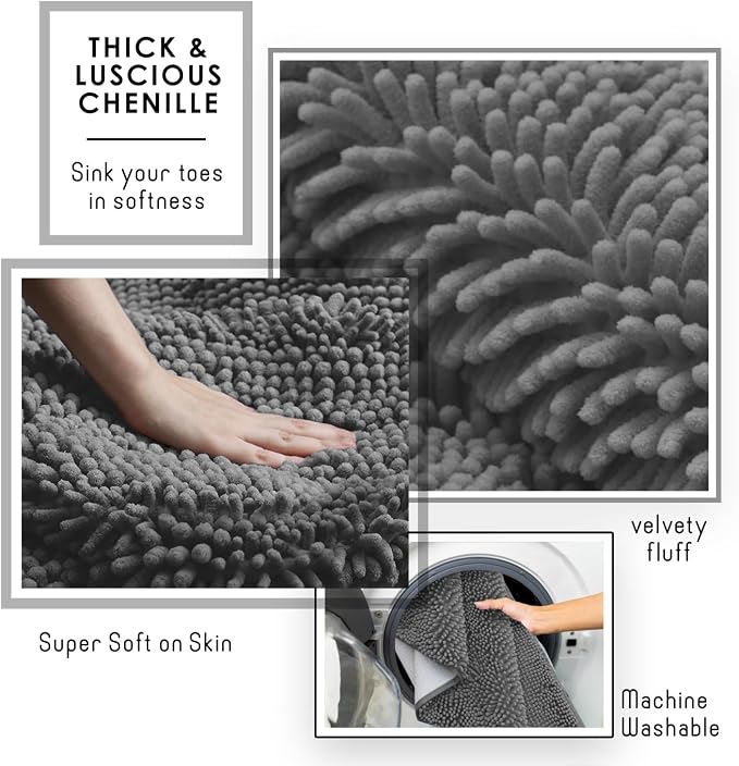Hearth & Harbor Bathroom Rugs, Chenille Bath Mat - Machine Washable Bath Mats for Bathroom Non-Slip Backing Rubber, Quick Dry Bathroom Mat