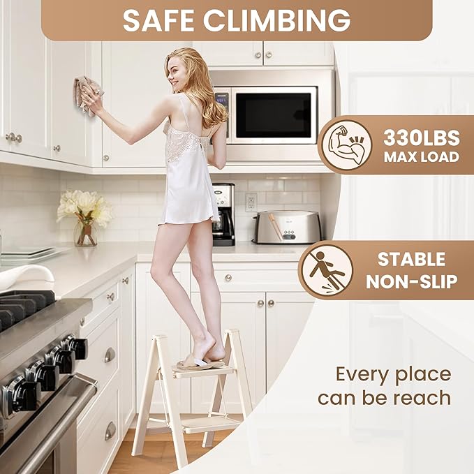2 Step Ladder Folding Step Stool with Wide Anti-Slip Pedal, 330LBS Capacity, Lightweight Portable Stepladder for Home and Kitchen Use, Cream White