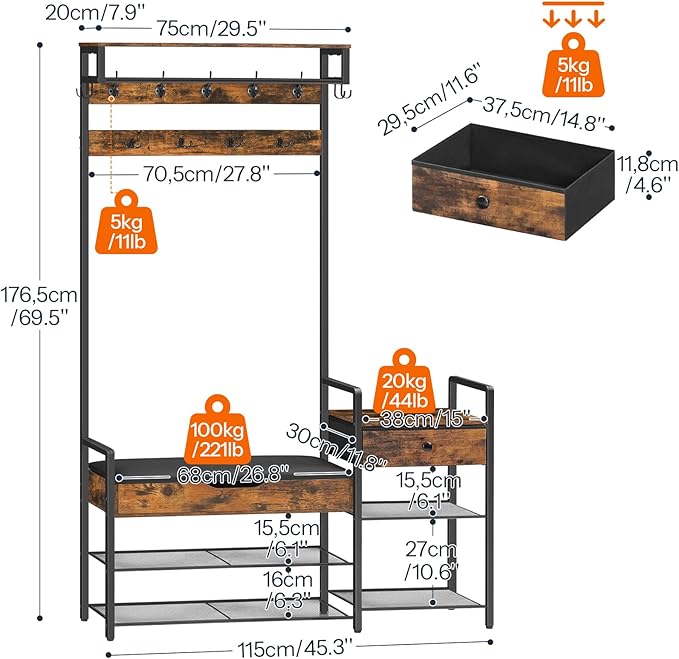 HOOBRO Hall Tree with Bench, Shoe and Coat Rack for Entryway, Coat Rack with Bench, Flip Top Storage Box, PU Cushioned Seat, Non-Woven Fabric Drawer, for Entrance, Rustic Brown and Black BF110MT01