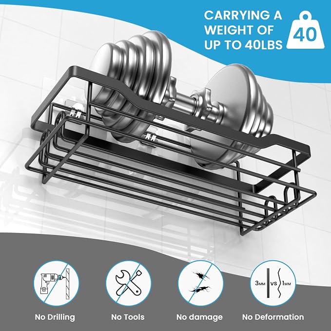 Shower Caddy Shelves Organizer Rack, Single Pack Shower Caddy,No Drilling Wall Mounted Self Adhesive Shower Shelves for Inside Shower, Matte Black