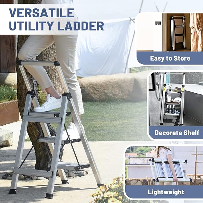 XinSunho 3 Step Ladder, Retractable Handgrip Folding Step Stool Ladders with Anti-Slip Wide Pedal, Aluminum 3 Steps, 330lbs Safety Household Ladder