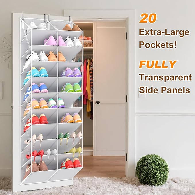 UVIAHOMI 20-30 Pairs Over the Door Shoe Organizer, Clear Pockets Hanging Shoe Storage for Closet, 10-Tier Door Shoes Rack, Handing Shoes Holder Fit All the Family's Sneakers, Boots, Heels, Light Grey