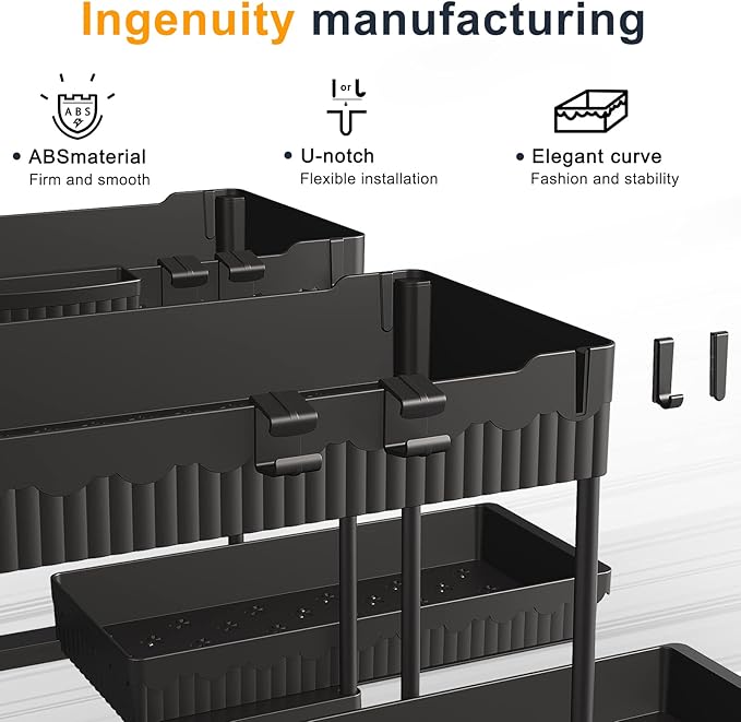 Sevenblue 2 Packs Under Sink Organizer, Height Adjustable 2 Tier Under Kitchen Sink Organizer, Multi-Purpose Storage Shelf for Kitchen Bathroom Cabinet, Deep-Black,12.85 Inches