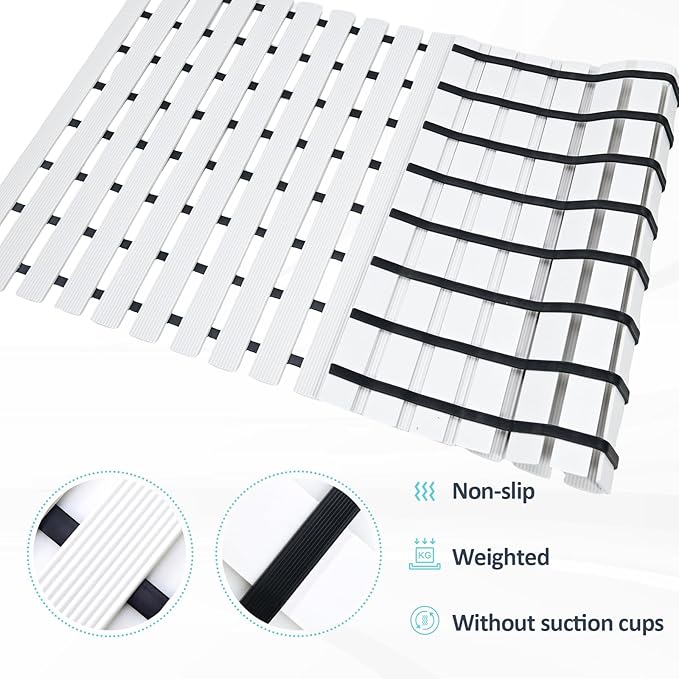 White Weighted Non Slip Bathtub Mat Without Suction Cups,Textured TPE Bath Mat for Textured Tub & Shower Surfaces,Doesn't Float, Works on Tile and Stone(33.8”x 17”)