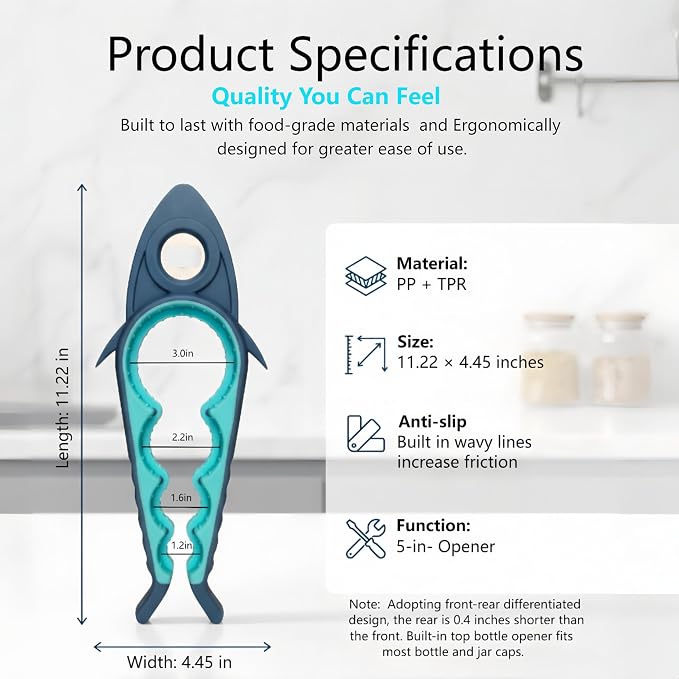 Jar Opener Bottle Opener for Arthritis, 5-in-1 Multifunctional Jar Opener, Easy to Use for Seniors and Weak Hands, Shark Shape Kitchen Gadget for jar, Beer and Bottle (Grey and Blue)