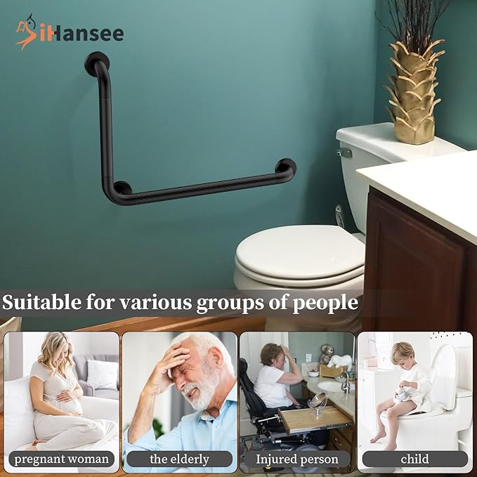 Matte Black Angled Grab Bar 16x24 Inch, iHansee Bathroom Safety Bar w/Anti-Slip Knurled Grip, Wall Mount L Shaped Shower Handle for Elderly Senior Handicap, Toilet Bathtub Balance Support Handrail