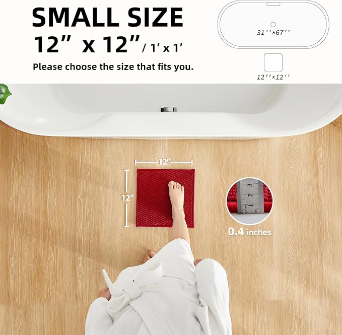 TYUU Small Christmas Bathroom Rugs, Non Slip Washable Bath Rugs Super Absorbent Bathroom Rug Thin Quick Dry Low Pile Bath Mats, Red 12"x12"