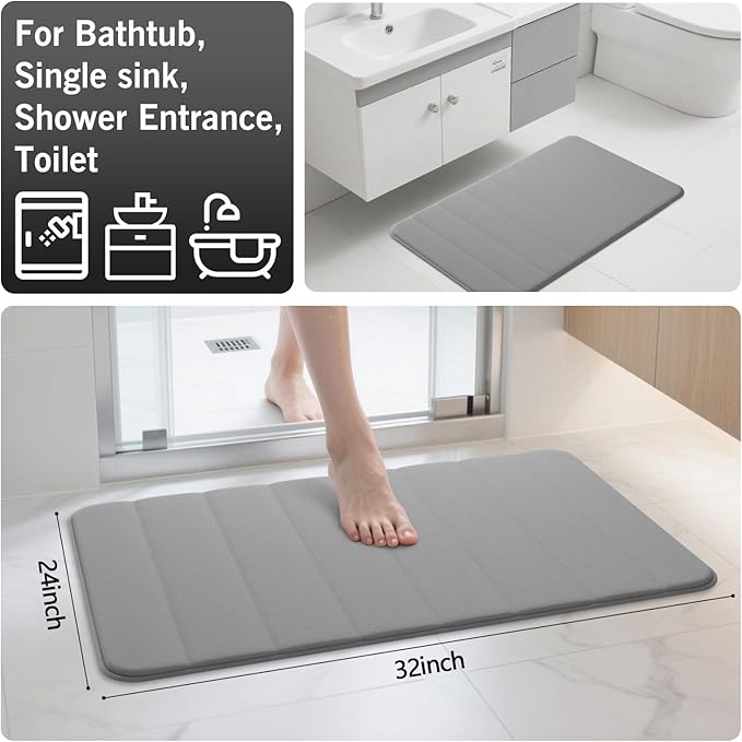 RUN HELIX Bathroom Rugs Set 2 Piece Memory Foam Bath Non-Slip Bath Mat,Washable Room Mats,Absorbent Shaggy Rugs Super Soft Kitchen Mats, Batroom Carpets for Bathroom,Tub,Shower Home Decor（Light Gray）