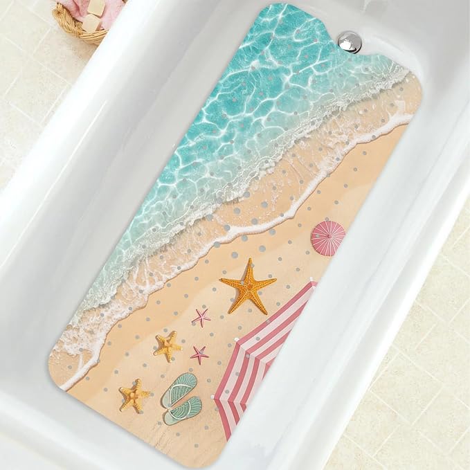 Bathtub Mat Non Slip, Beach Extra Long Bath tub Mat Shower Floor Mat with Suction Cups and Drain Holes for Adults Kids Elderly 40 X 16 Inch