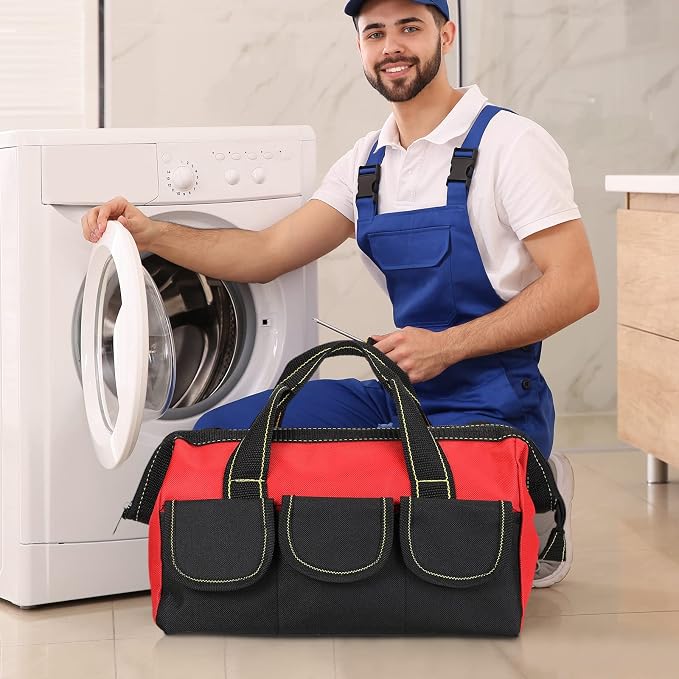 Sanwuta 3 Pack Tool Bag for Men with Waterproof Hard Bottom, Heavy Duty Tool Bag Wide Mouth Tote for Various Instrument, Electrician Carpenter Mechanic(Red,18 Inch,Classic)
