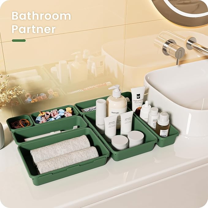 A-LuGei 【Military Grade】 Drawer Organizer, 【𝟱𝗦𝗶𝘇𝗲】 Makeup organizer, 【Holds 177 Items】 Bathroom Organizers and Storage, Organization and Storage, Desk Drawer Organizer for Vanity (Green)
