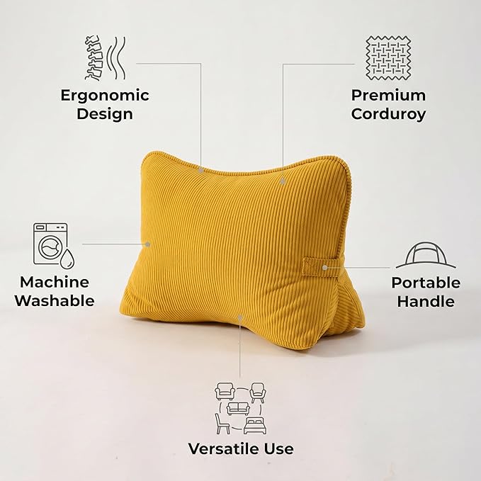 Pat. Pend. Corduroy Reading Back Pillow with Lumbar Support, Triangle Backrest Cushion for Bed Sitting & Relaxing, Support Pillow for Sofa or Headboard, Bright Yellow