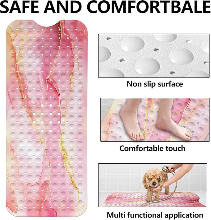 LNOND Marble Bath Tub Mat Non Slip, Extra Long 40 X 16 Inch Anti Slip Mat for Bathtub, Pink Gold Marble Shower Mat with Drain Holes and Suction Cups, Machine Washable
