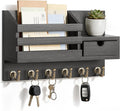 FifthQuarter Key and Mail Holder for Wall, Mail Organizer Wall Mount with 6 Hooks and Storage Drawer, Easy Installation Key Rack for Entryway and Home Decor (A-Black)