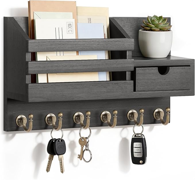 FifthQuarter Key and Mail Holder for Wall, Mail Organizer Wall Mount with 6 Hooks and Storage Drawer, Easy Installation Key Rack for Entryway and Home Decor (A-Black)