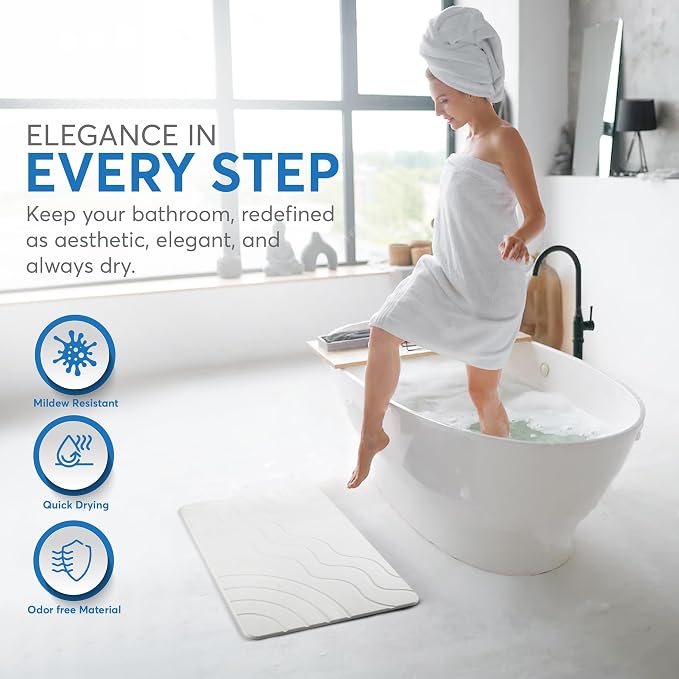 Stone Bath Mat Quick Drying Diatomaceous Earth Bath Mat Non Slip Shower Mat Super Absorbent Stone Bath Mats for Bathroom, Floor, Kitchen Counter, Easy to Clean (23.6” X 15.3”, White)