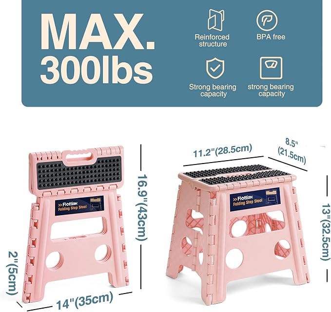 Flottian 13" Folding Step Stool for Adults and Kids Holds Up to 300 lbs,Non-Slip Folding Stools with Handle, Compact Plastic Foldable Step Stool for Bathroom,Bedroom, Kitchen,Sakura Pink,1PC