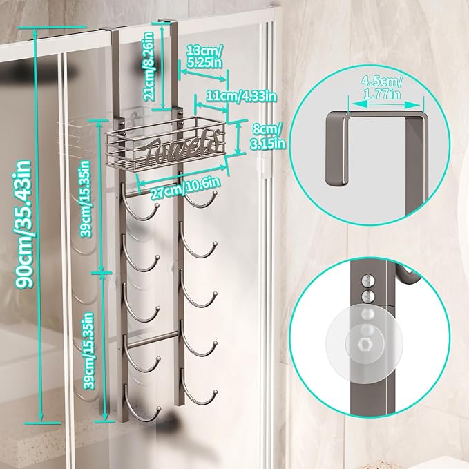 HapiRm Towel Racks for Bathroom Storage - 6 Tier Over The Door & Wall Mount Rolled Towel Storage Organizer Holder with Metal Shelf Basket for Small Bathroom, Camper, Rv - Patented
