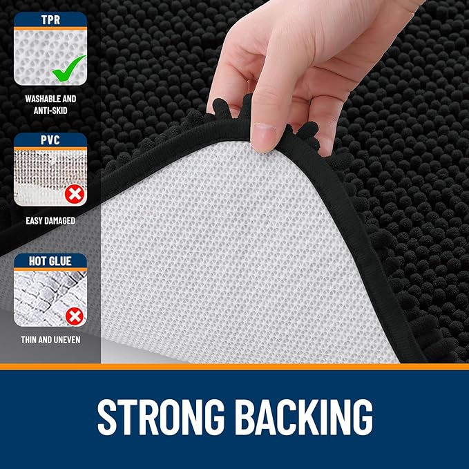 OLANLY Bathroom Runner Rugs 47x24, Extra Soft Absorbent Chenille Bath Rugs, Rubber Backing Quick Dry, Machine Washable Long Bath Mats for Bathroom Floor, Tub and Shower, Home Decor Accessories, Black