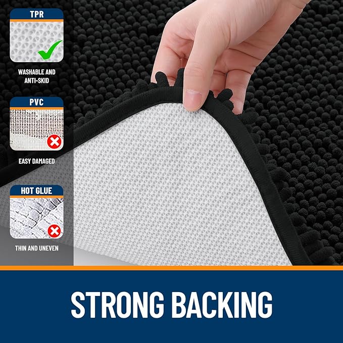 OLANLY Large Bathroom Rugs 45x27, Extra Soft Absorbent Chenille Bath Rugs, Rubber Backing Quick Dry, Machine Washable Bath Mats for Bathroom Floor, Tub and Shower, Home Decor Accessories, Black