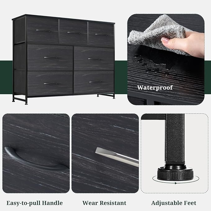 7-Drawer Dresser for Bedroom, Anti-Tip Wide Storage Organizer Fabric Chest of Drawers TV Stand for 45" TV with Wooden Top and Metal Frame for Closet, Living Room, Hallway, Entryway, Charcoal Black