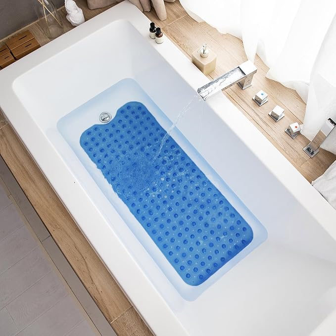 TEESHLY Bathtub Mats for Shower Tub, Extra Long Non-Slip 39 x 16 Inch Bath Mat with Drain Holes and Suction Cups, BathMat for Bathroom with Machine Washable (Clear Blue)