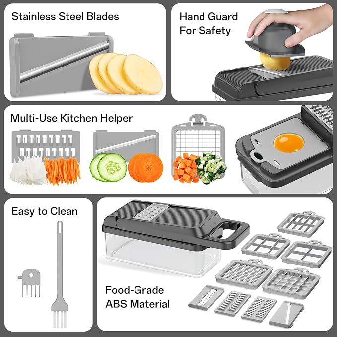 HomeHacks Vegetable Chopper Vegetable Cutter, 15 in 1 Kitchen Gadget, Dicer, Slicer, Onion Cutter, Salad, Cheese Grater & Egg Separator - Multi-Functional Veggie Chopper Lid with Handle (Grey)