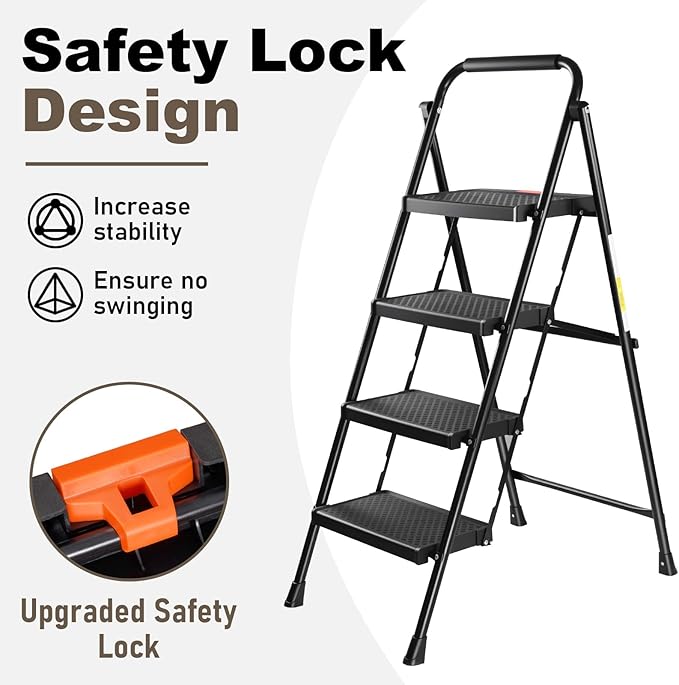 Valeo 4 Step Ladder, 4 Step Ladder for Adults with with Safe-Lock Design, Wide Anti-Slip Pedal, 500lbs Sturdy Steel Ladder, Step Stool Foldable with Cushioned Handle,Black