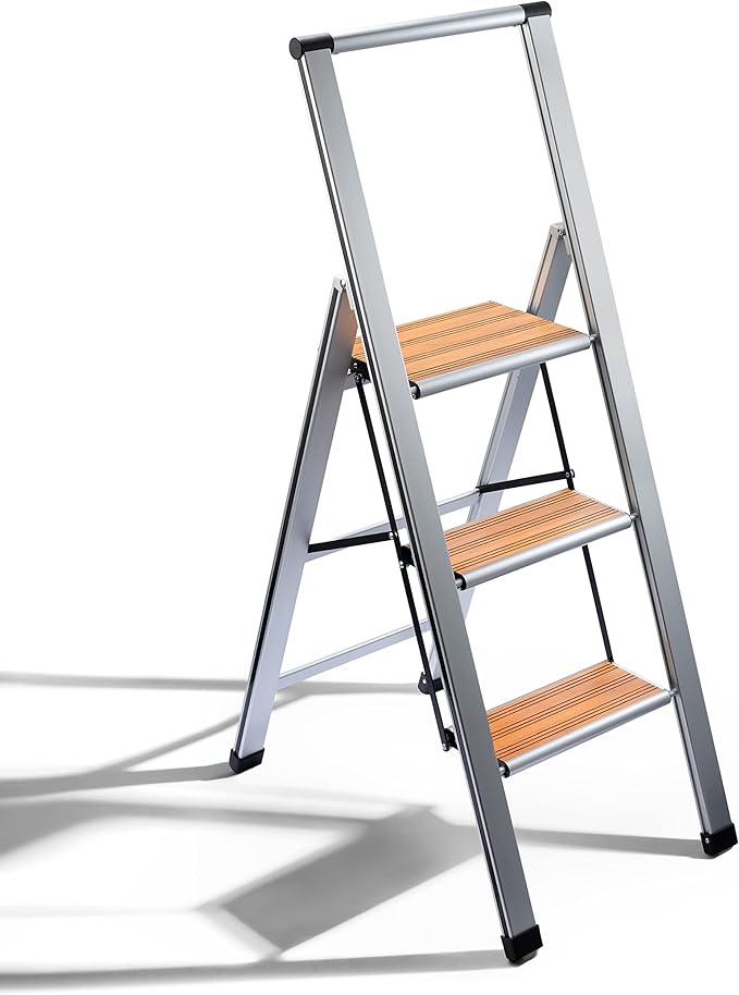 Step Ladder 3 Step Folding, Decorative - Beautiful Bamboo &Silver Aluminum, Ultra Slim Profile, Anti Slip Steps, Sturdy-Portable for Home, Office, Kitchen, Photography Use,By SORFEY