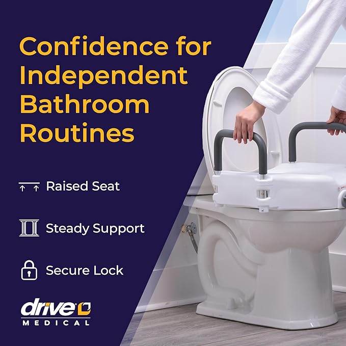 Drive Medical 2-in-1 Raised Toilet Seat with Removable Padded Arms - Elevated Bathroom Safety Support - Secure Locking Attachment - Easy Height Assistance - Durable Construction, Standard Toilets