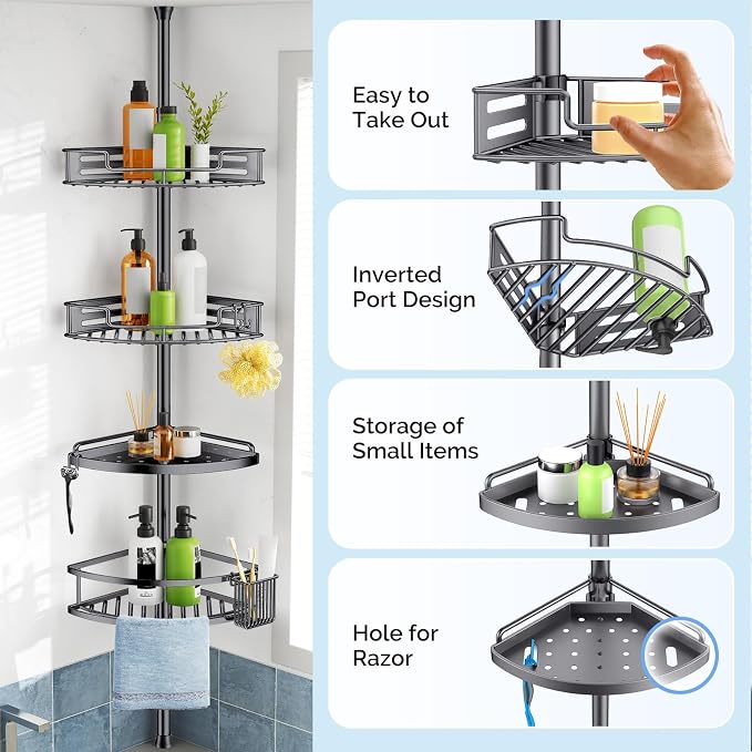 HAMITOR Corner Shower Caddy Tension Pole: Quick Installation 4-Tier Rustproof Bathroom Organizer Shelves for Bathtub Shampoo Storage - 47-121 inch Adjustable Floor Standing Bath Rack Holder Gray