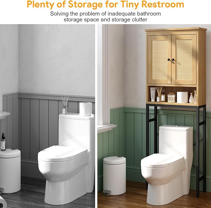 knoworld Rattan Over The Toilet Storage Cabinet, Metal Stand Above Toilet Bathroom Organizer, Behind Toilet Cabinet with Adjustable Shelf, Space Saver for Restroom, Bathroom, Laundry, Natural