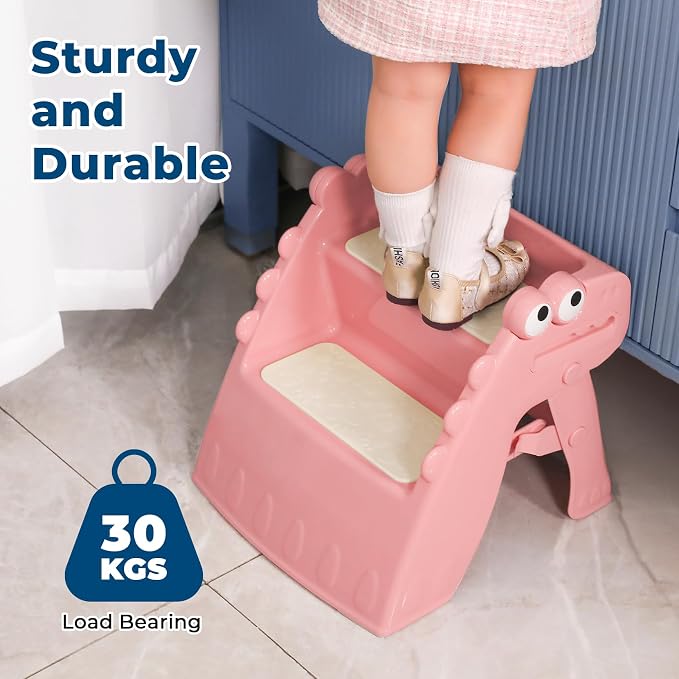 Onasti Toddler Step Stool Foldable Kids Step Stool,Bathroom Stool for Toddlers Non-Slip Toddler Step Stool for Bathroom Sink and Kitchen Counter with Cute Dinosaur Design(Pink)