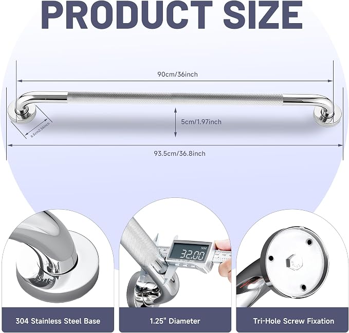 36 Inch Shower Grab Bar,XIANTHUS Chrome Anti Slip Safety Bars, 304 Stainless Steel Bathroom Handrail, Handicap Grab Bars for Wall, Shower Grip Handle for Seniors Elderly Injury Assist Bath (1.25" Dia)