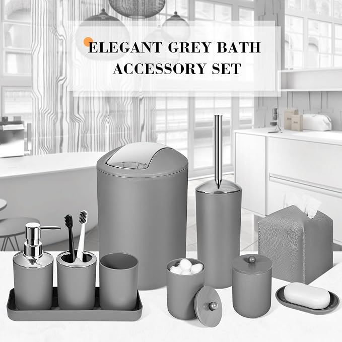 Grey Bathroom Accessories Set, 10Pcs Bathroom Accessory Set with Trash Can, Soap Dispenser and Toothbrush Holder, Soap Dish, Cotton Ball & Qtip Holder, Toilet Brush Holder, Tissue Box Cover