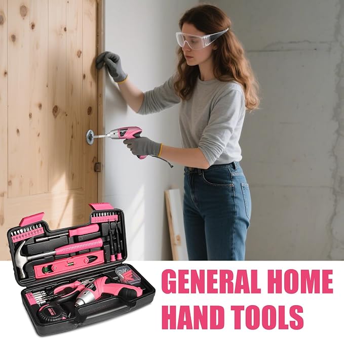 JENABOM Cordless Electric Screwdriver, Power Screw Driver Set with Pink Compact Tool Kit for Small Repair and Maintenance- Ideal Housewarming Gift, 112Pcs