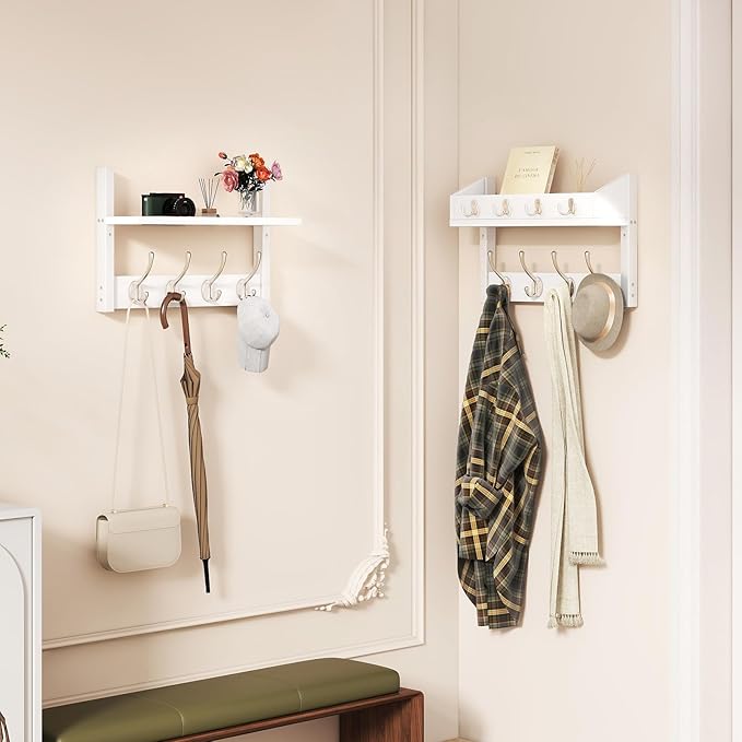 YMYNY 31.5" Coat Rack Wall Mount with Shelf, 4 in 1 Key and Coat Hanger with 12 Metal Hooks, Wall Shelf with Hooks & Mail Holder for Living Room, Bedroom, White, HWS007W-2