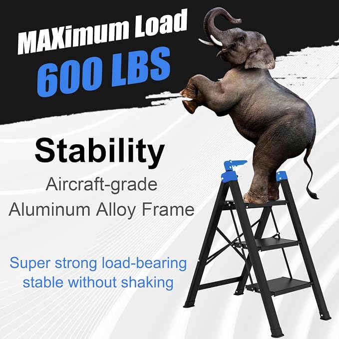 3 Step Ladder,Step Stool Foldable with Single-Handrail,Step Ladder with Anti-Slip Pedals for Home Kitchen Closet,Aluminum Sturdy Material,600lbs Max Load Capacity (Blue)