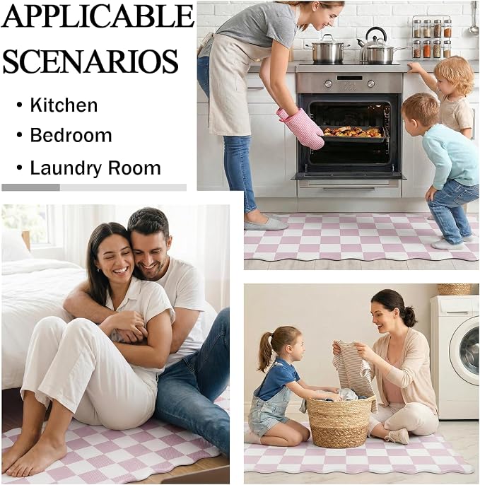 Scalloped Pink Checkered Grid Checkerboard Kitchen Rug Sets [2 PCs], Anti-Fatigue, Waterproof Non-Slip Kitchen Mats Heavy Duty Ergonomic Comfort Foam Rug for Floor, Laundry,17"x29"+17"x47"