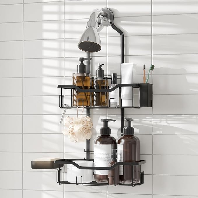 Shower Caddy Hanging 2-Tier Shower Organizer for Tall Showerhead,Rustproof Over Shower Head Rack,No Drill Bathroom Shower Caddy with Soap Dish,Toothbrush Holder and Hooks, Black