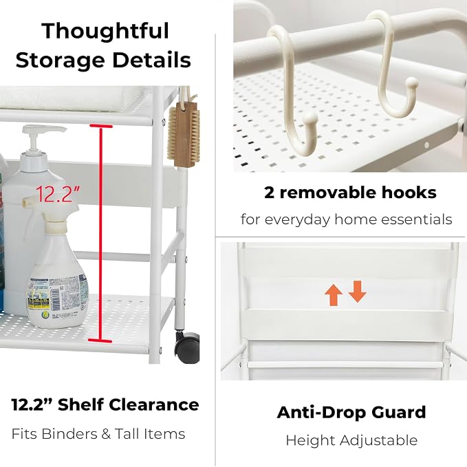 2-Tier Metal Rolling Cart, Under Desk Storage with 12.2" Shelf Clearance, Anti-Drop Guard & Hooks, Compact Utility Cart for Kitchen, Office, Laundry, Bathroom, Pantry, Living Room - White