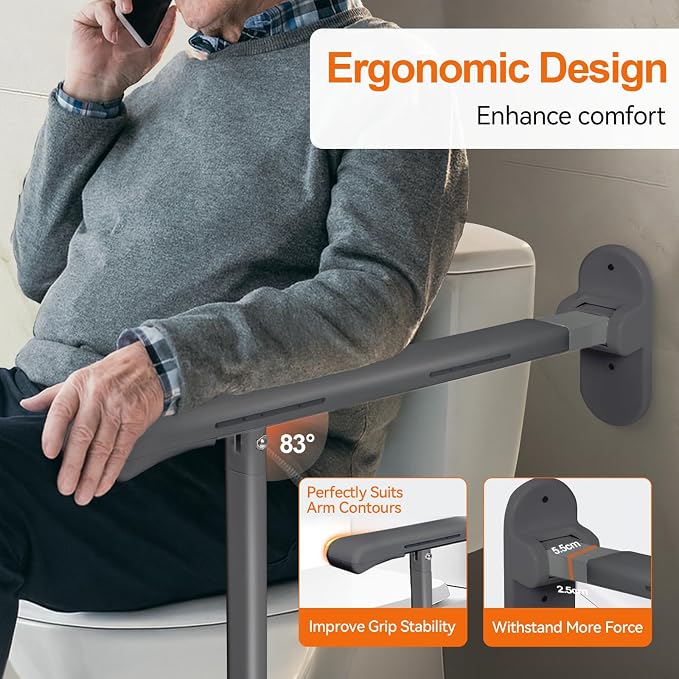 SPECILITE Heavy Duty Toilet Grab Bar - 440lb Sturdy Support, Safety Rails with Non-Slip Waterproof handrail & Night Glow Strips, Space Saving Flip-Up Design for Elderly, Disabled, Pregnant(Grey)