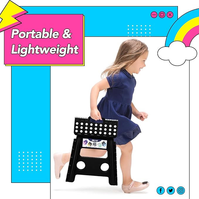 Delxo 13 inch 2 Pack Folding Step Stool, Non-Slip Foldable Stools Up to 300 LBS, Step Stool with Handle, Lightweight Collapsible stools for Kitchen, Bathroom, Bedroom, Garden (Black)