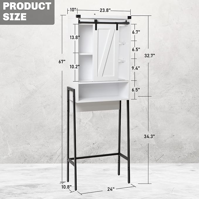 Over The Toilet Storage Cabinet, Behind Toilet Bathroom Organizer with Adjustable Shelves, Above Toilet Organizers with Barn Door, Space Saver for Restroom, Bathroom, Laundry, White