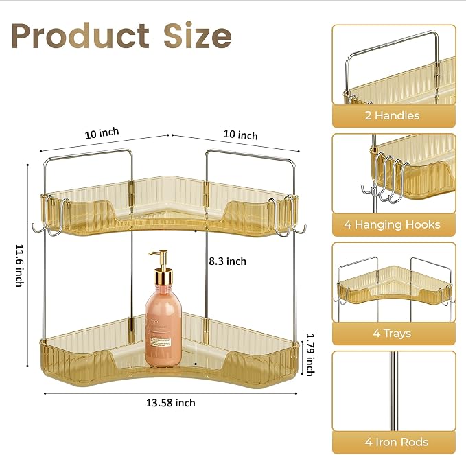 Golden Corner Counter Organizer, 2 - Tier Bathroom & Kitchen Storage Tray with Hooks | PET Vanity Organizer for Skincare, Makeup & Jewelry