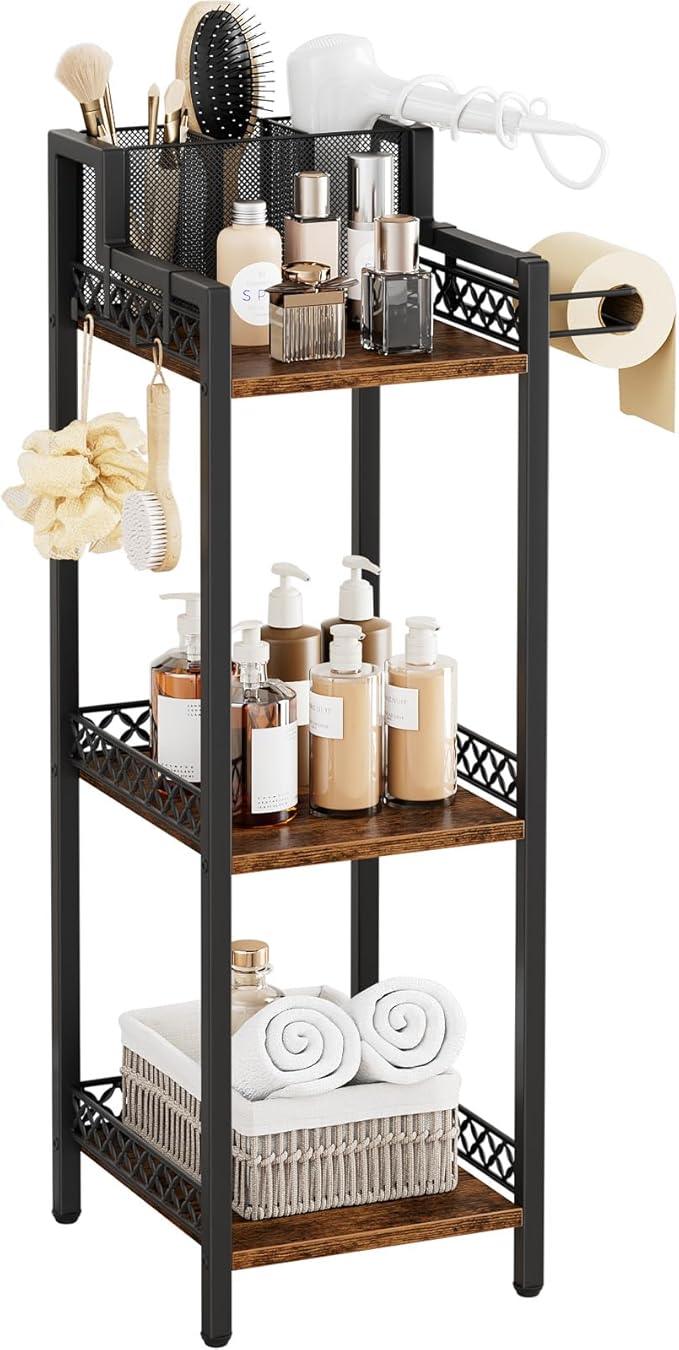 Bathroom Storage and Organizer Shelf Hair Dryer Holder, 9.85in 3-Tier Narrow Metal Standing Rack with Toilet Paper Holder, Corner Stand for Cosmetic, Vanity, Kitchen, Laundry Rustic Brown