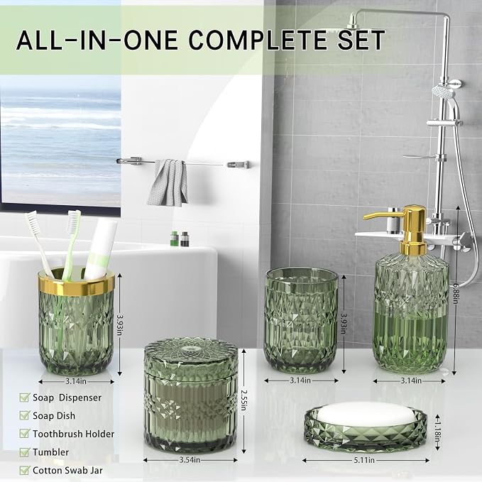 QIQU Green Glass Bathroom Accessories Set 5 Pcs, Green Bathroom Set, Soap Dispenser and Toothbrush Holder Set, Qtip Holder Set, Vintage Bathroom Sink Set, Cute Bathroom Decor